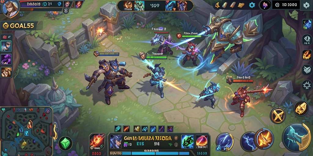 Screenshot utama GOAL55 dengan aksi pertempuran seru di medan perang MOBA.