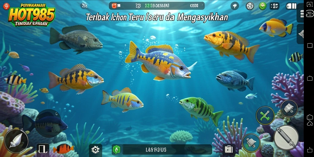 Screenshot gameplay HOT985 yang menampilkan aksi menembak ikan.