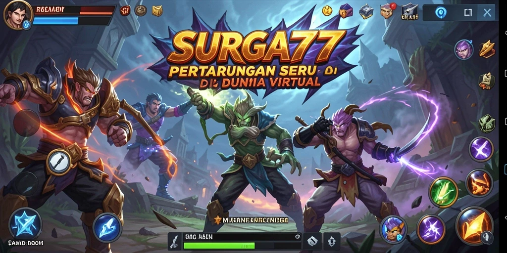 Screenshot menampilkan aksi pertarungan seru di SURGA77 dengan karakter unik.