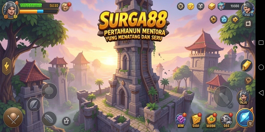 Tangkapan layar dari gameplay SURGA88 yang menampilkan menara dan serangan musuh.