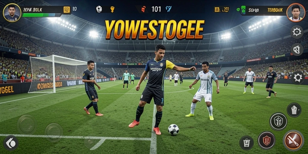 Tangkapan layar gameplay YOWESTOGEL menampilkan aksi sepak bola yang mendebarkan.